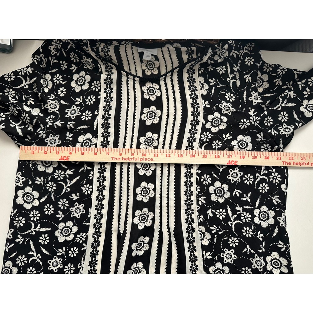 J. Jill Black & White Floral Blouse Sz L Pleated Trim Mix Media 3/4 Sleeve Boho - Picture 6 of 9